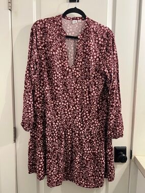 GAP Burgundy and Pink Floral V-Neck Tiered Dress